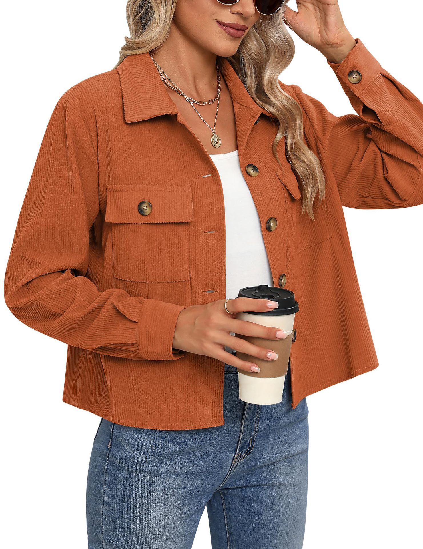 Corduroy Button Cropped Jacket For Women - Image 7