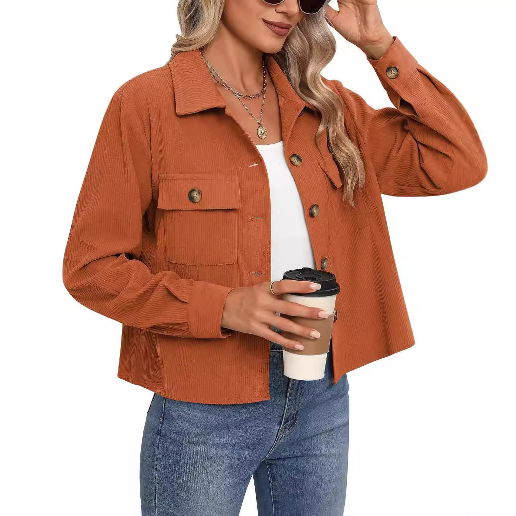 Corduroy Button Cropped Jacket For Women - Image 8