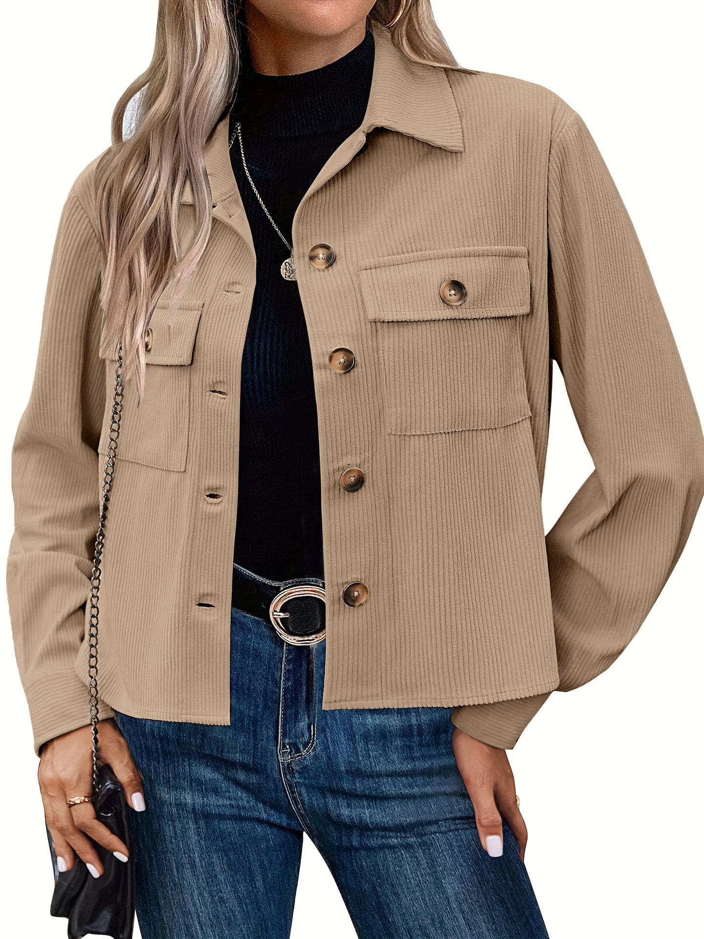 Corduroy Button Cropped Jacket For Women - Image 4