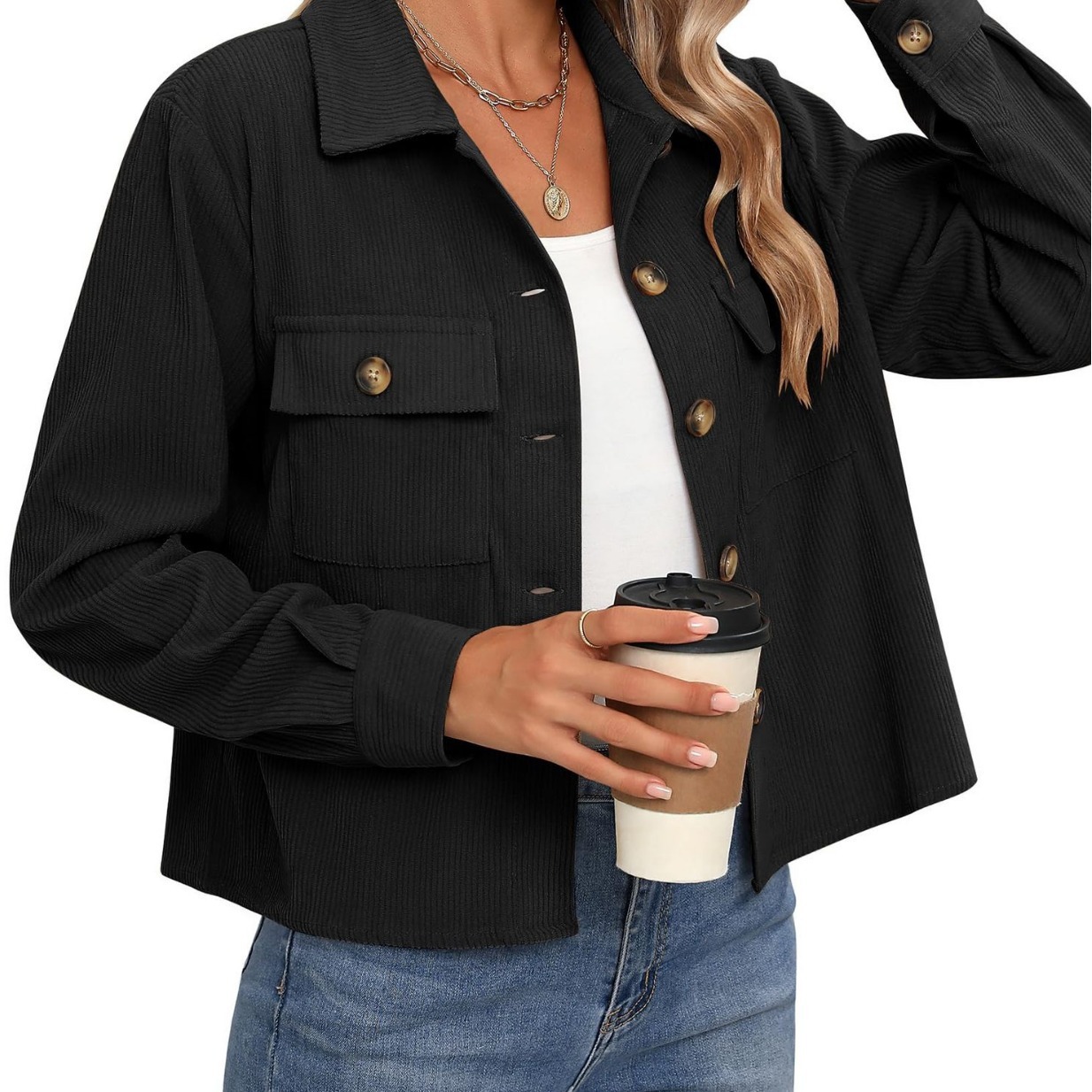 Corduroy Button Cropped Jacket For Women - Image 10