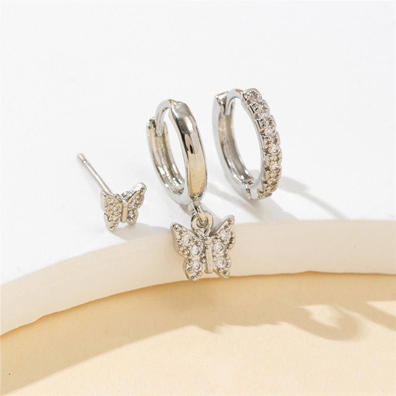 New Copper Inlaid Zirconium Butterfly Studs Ear Clip Set - Image 4