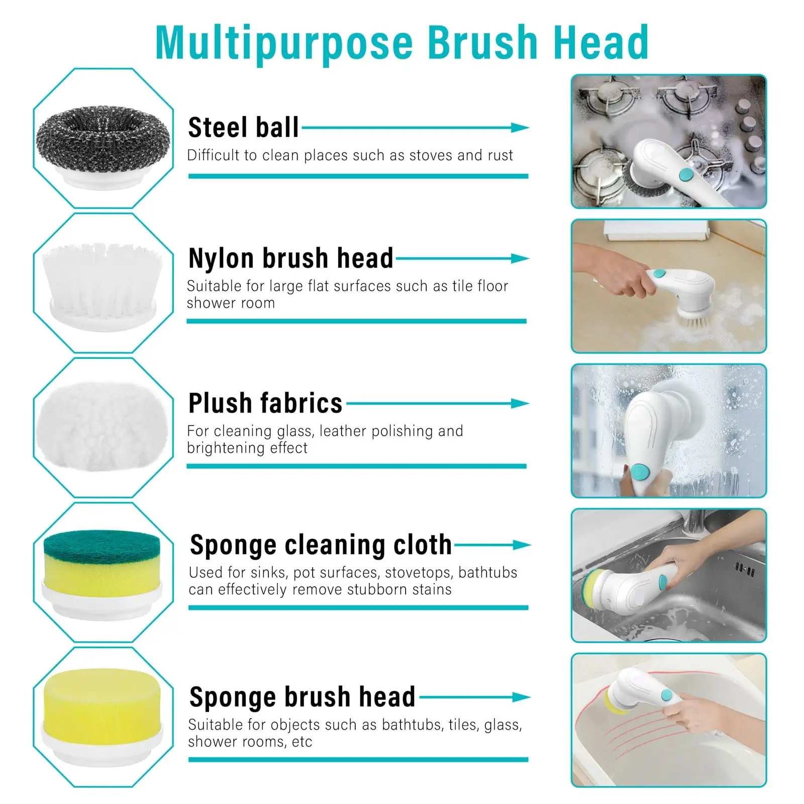 Multifunctional Electric Handheld Kitchen Household Dishwashing Brush Handheld Scrubber Bathtub Sink Bathroom Kitchen Tile Cleaning Tool Drill Brush Set With 5 Heads - Image 3