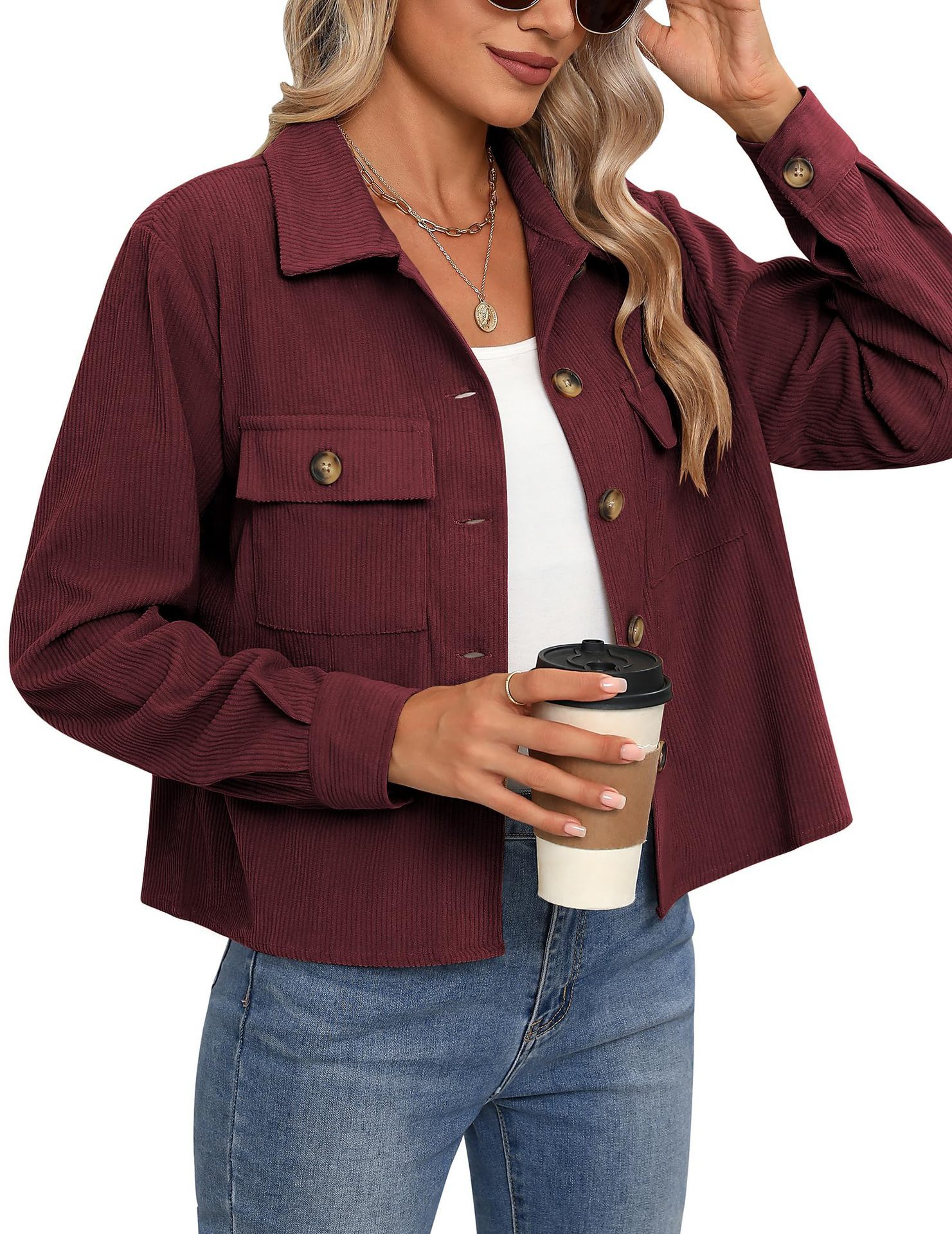 Corduroy Button Cropped Jacket For Women - Image 5