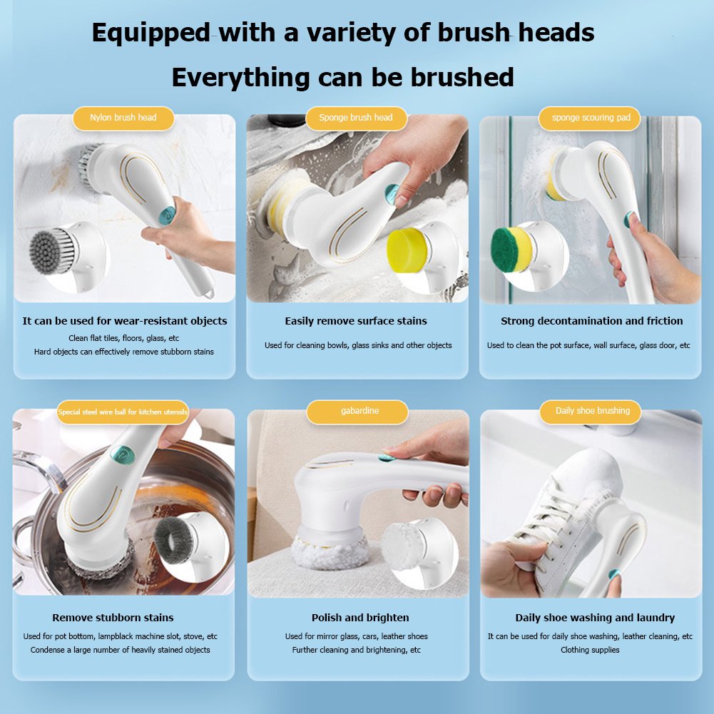 Multifunctional Electric Handheld Kitchen Household Dishwashing Brush Handheld Scrubber Bathtub Sink Bathroom Kitchen Tile Cleaning Tool Drill Brush Set With 5 Heads - Image 10