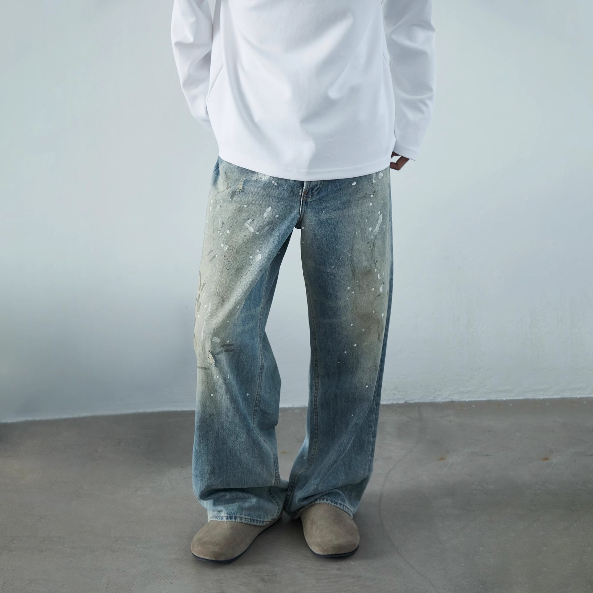 Neutral Wide Leg Mopping Dirty Splash-ink Distressed Design Jeans - Image 4
