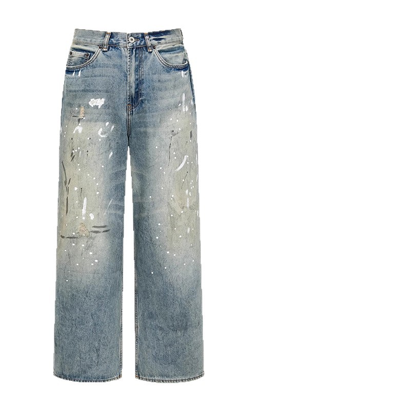 Neutral Wide Leg Mopping Dirty Splash-ink Distressed Design Jeans - Image 3