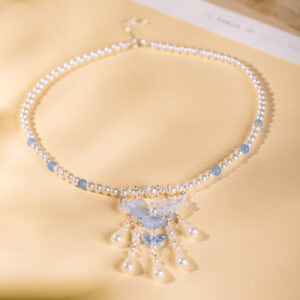 Women's Pearl Tassel Necklace Blue Hanfu Tang Style Flat-fitting Collar Cheongsam