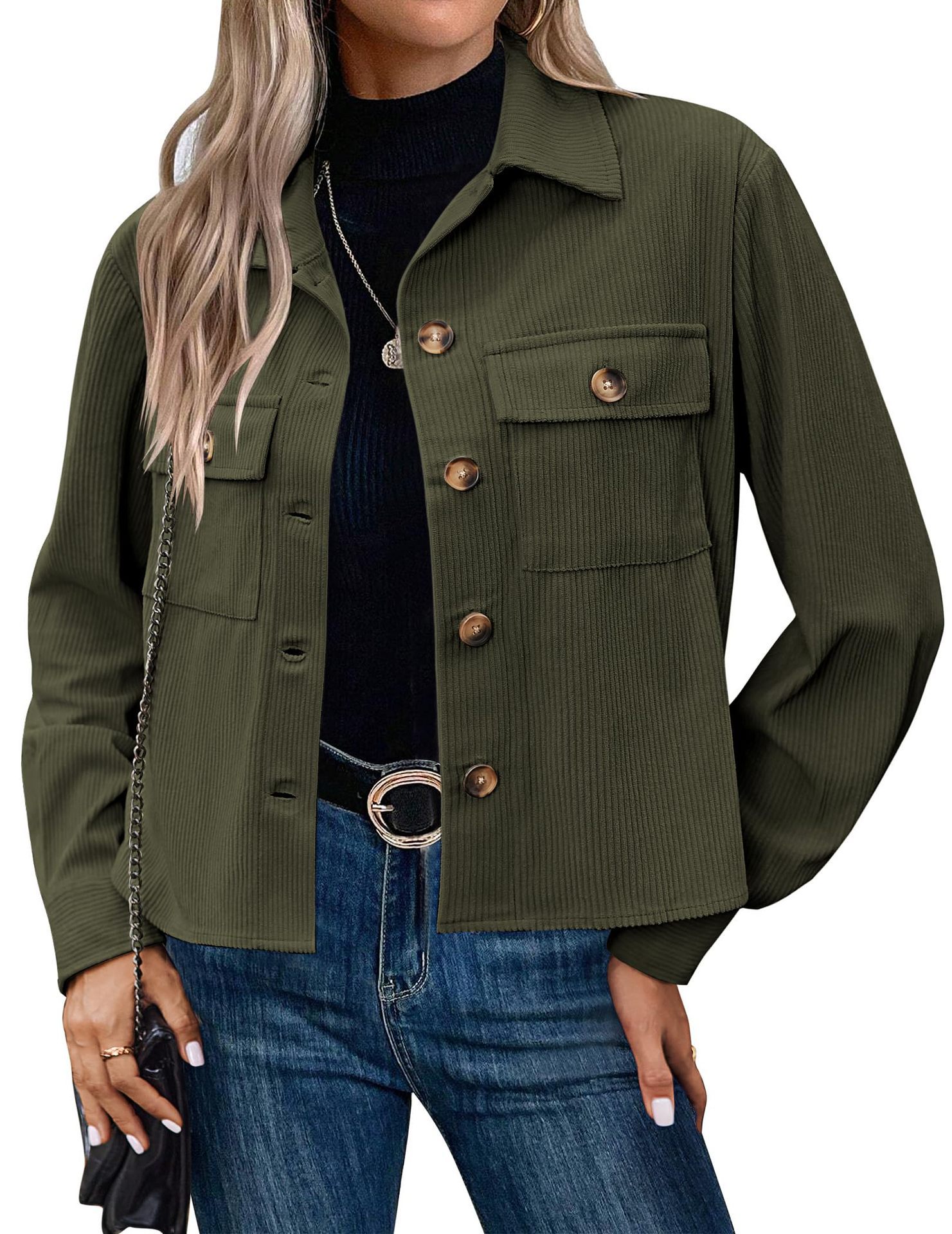 Corduroy Button Cropped Jacket For Women - Image 6