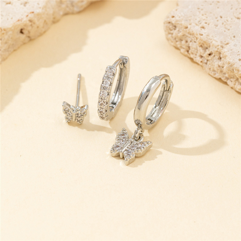 New Copper Inlaid Zirconium Butterfly Studs Ear Clip Set - Image 6