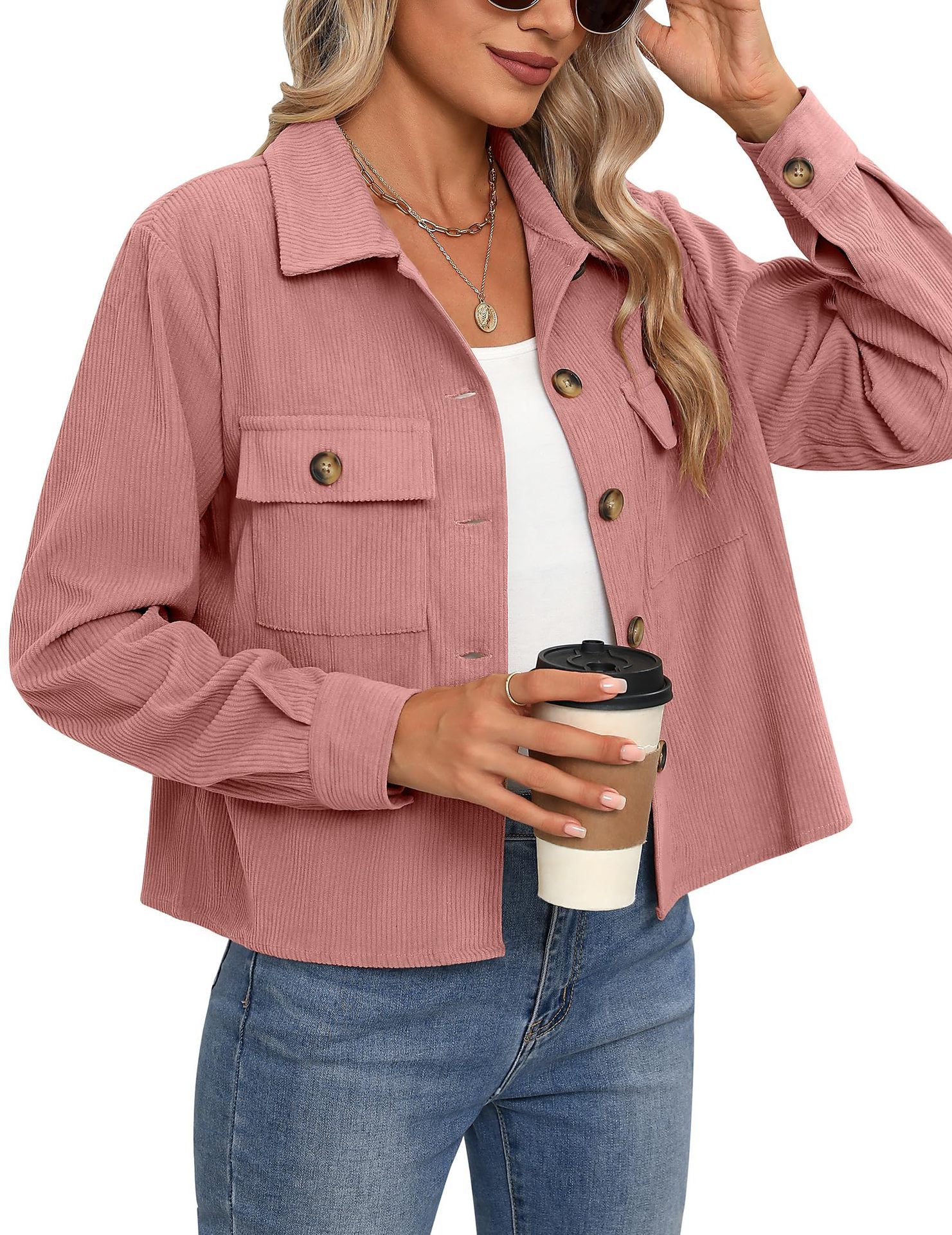 Corduroy Button Cropped Jacket For Women - Image 9