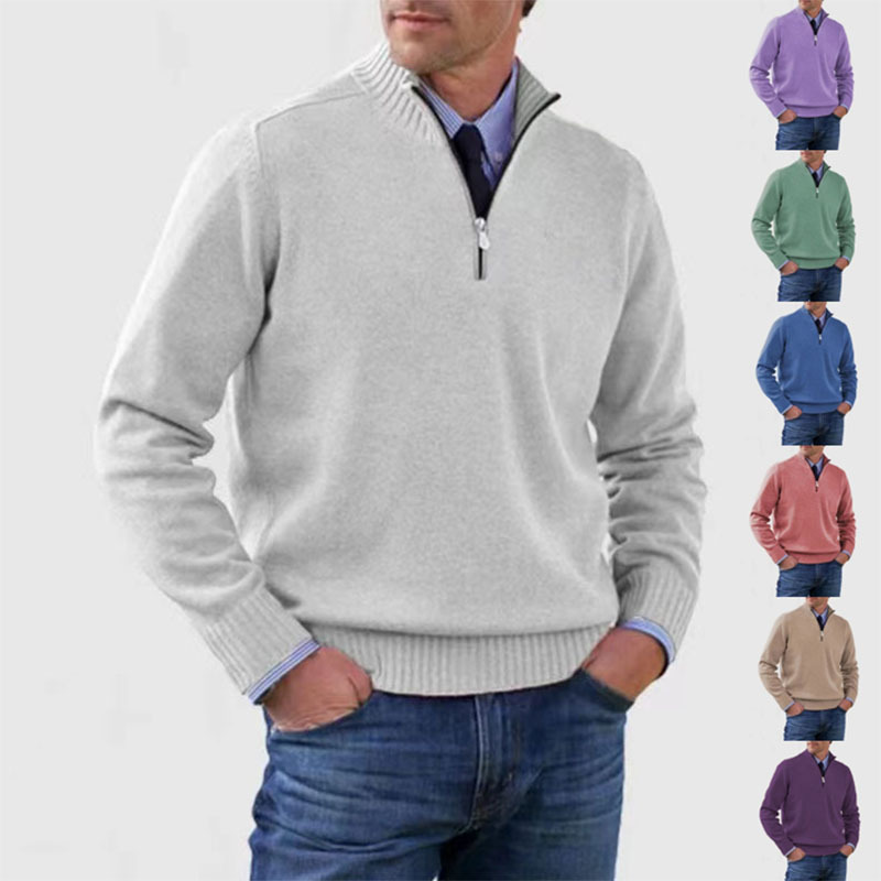 Men's Stand Collar Zipper Sweater Winter Fashion Solid Color Long Sleeve Knitted Top Clothing