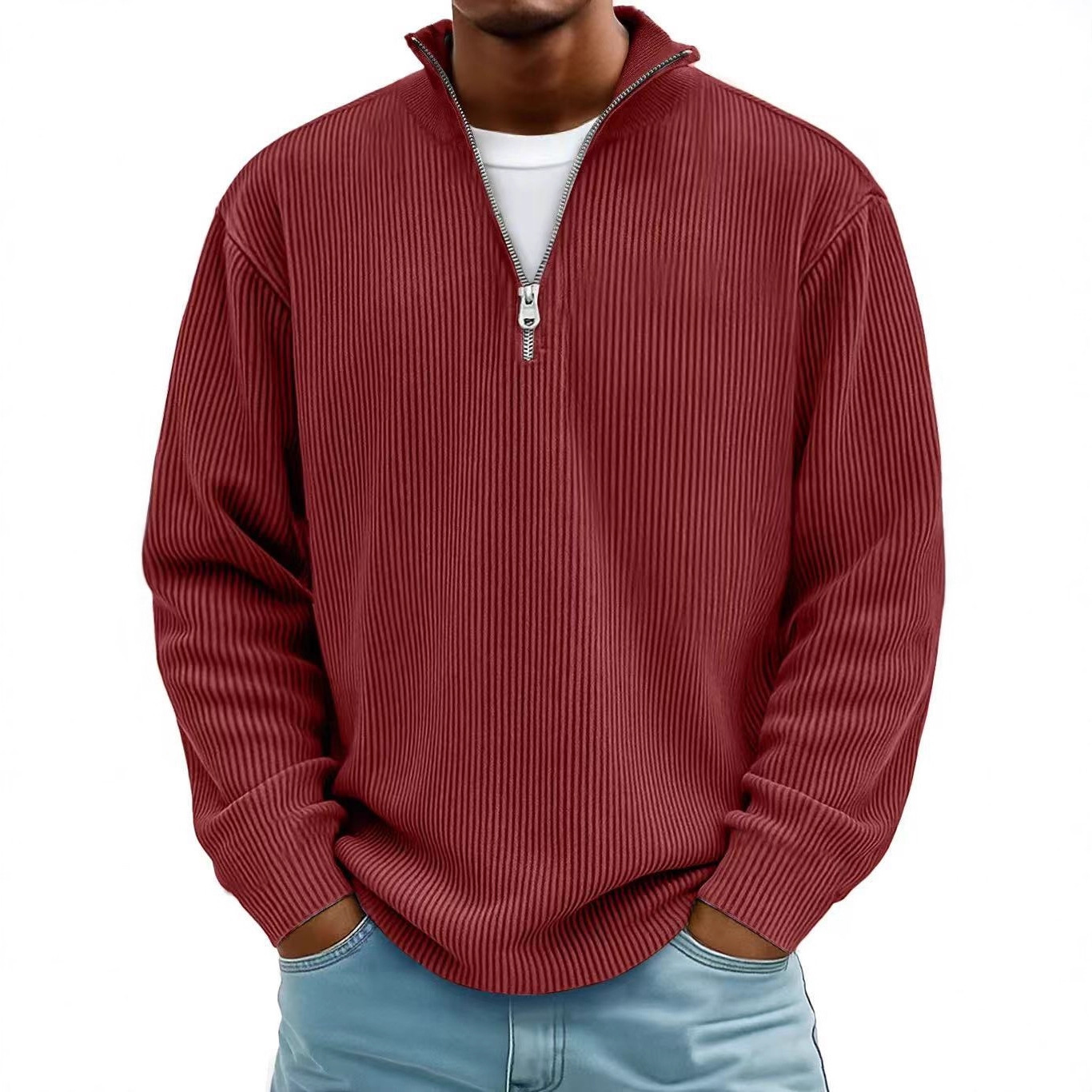 Corduroy Zipper Stand Collar Sweatshirt Fashion Warm Solid Color Long Sleeve Top Men's Casual Polo Shirt Clothing - Image 10