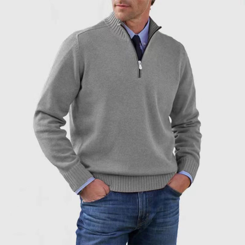 Men's Stand Collar Zipper Sweater Winter Fashion Solid Color Long Sleeve Knitted Top Clothing - Image 8